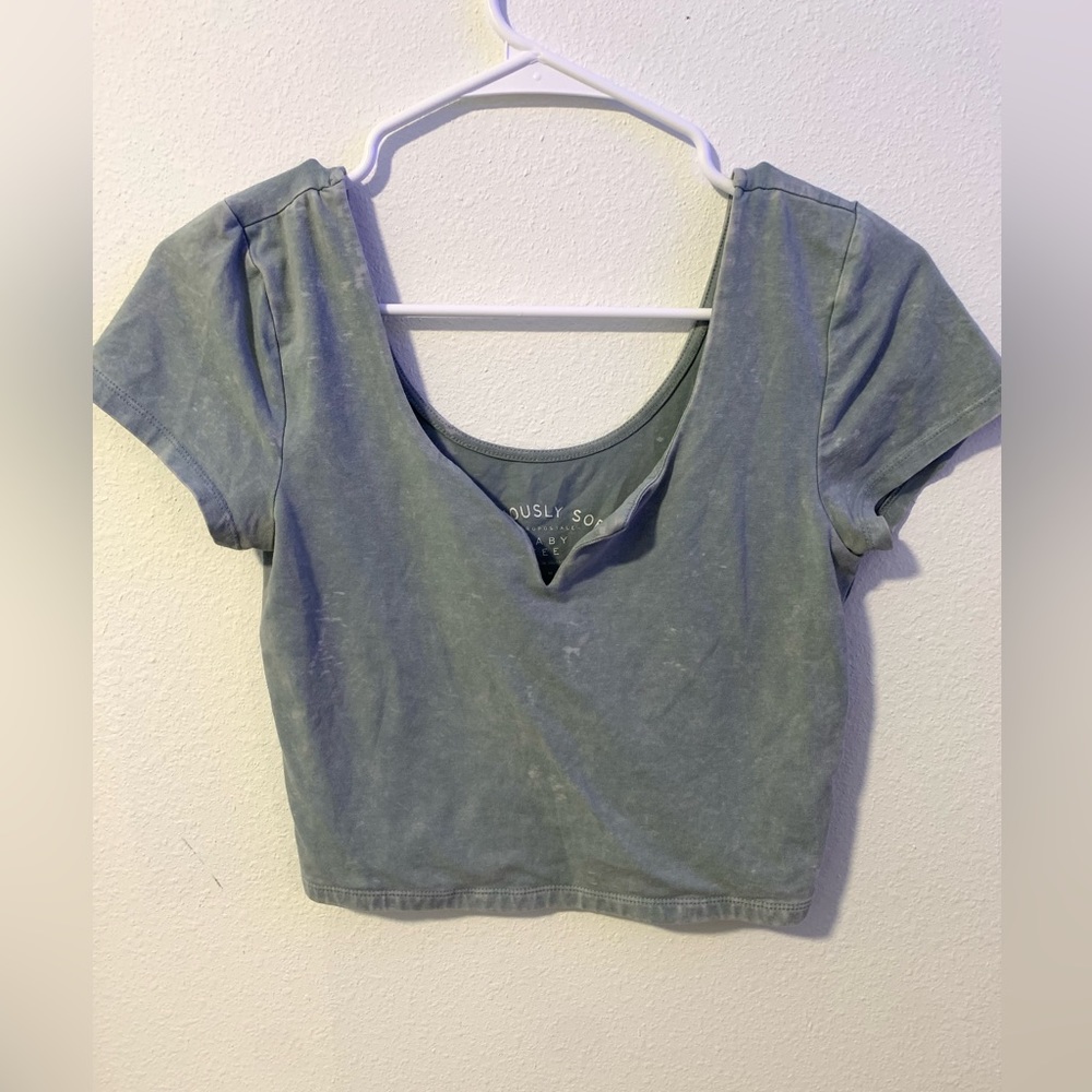 Light teal marble crop top v neck